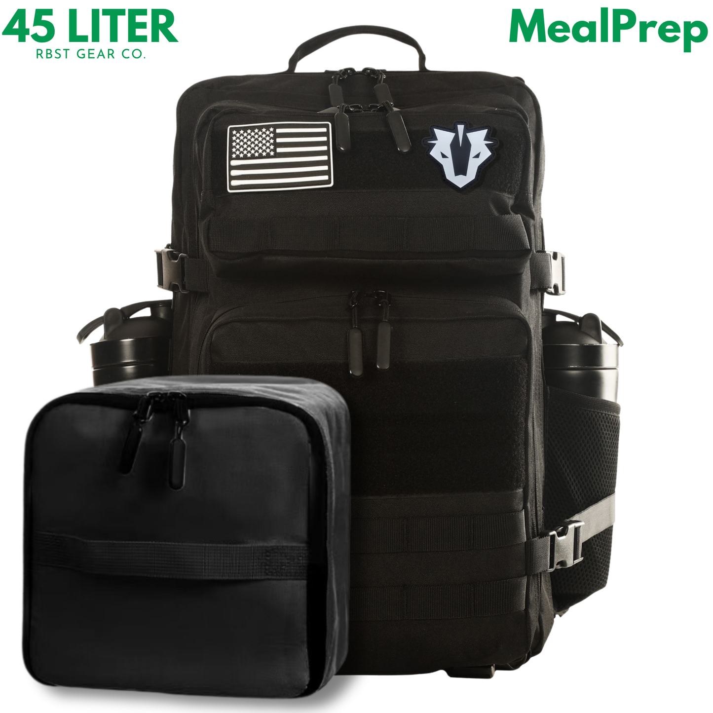 Black backpack with American flag patch and MealPrep branding on a white background