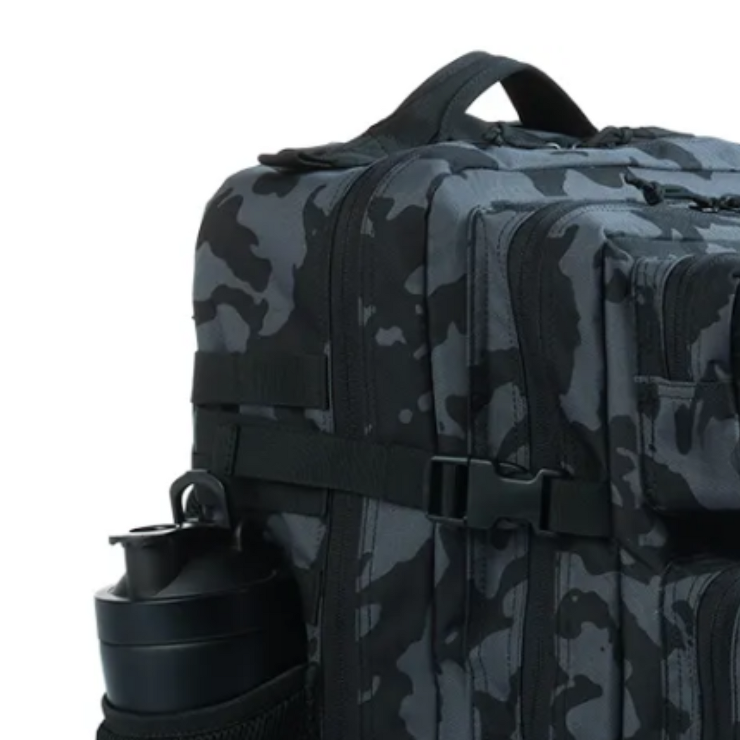 actical backpack shown from a different angle, emphasizing its ergonomic design and various compartments.