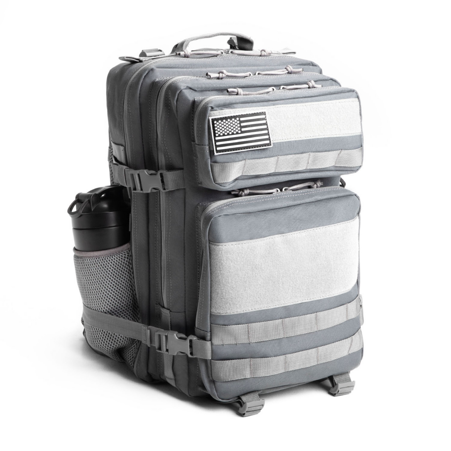 Gray tactical backpack with American flag patch on a white background