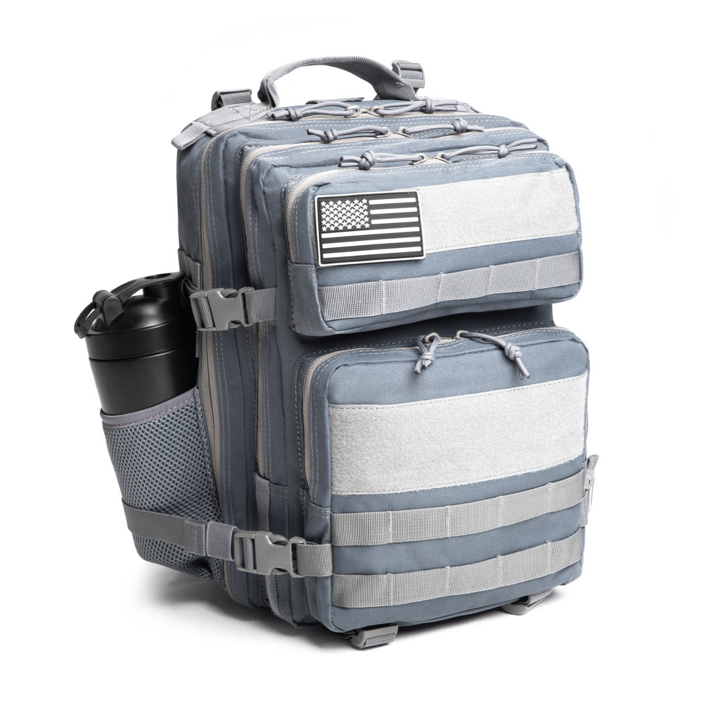 Gray tactical backpack with American flag patch on a white background