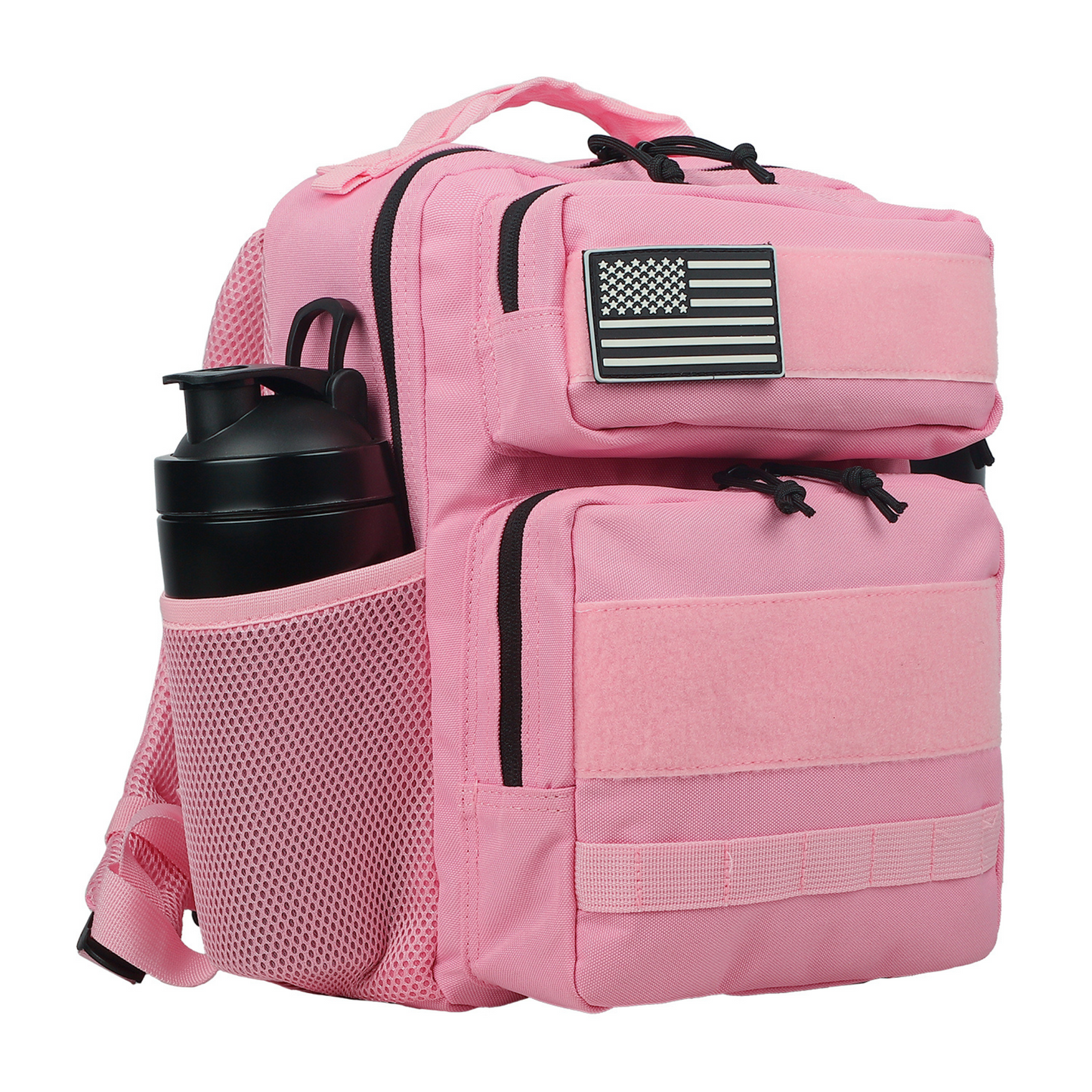 Pink backpack with American flag patch and water bottle holder on a white background