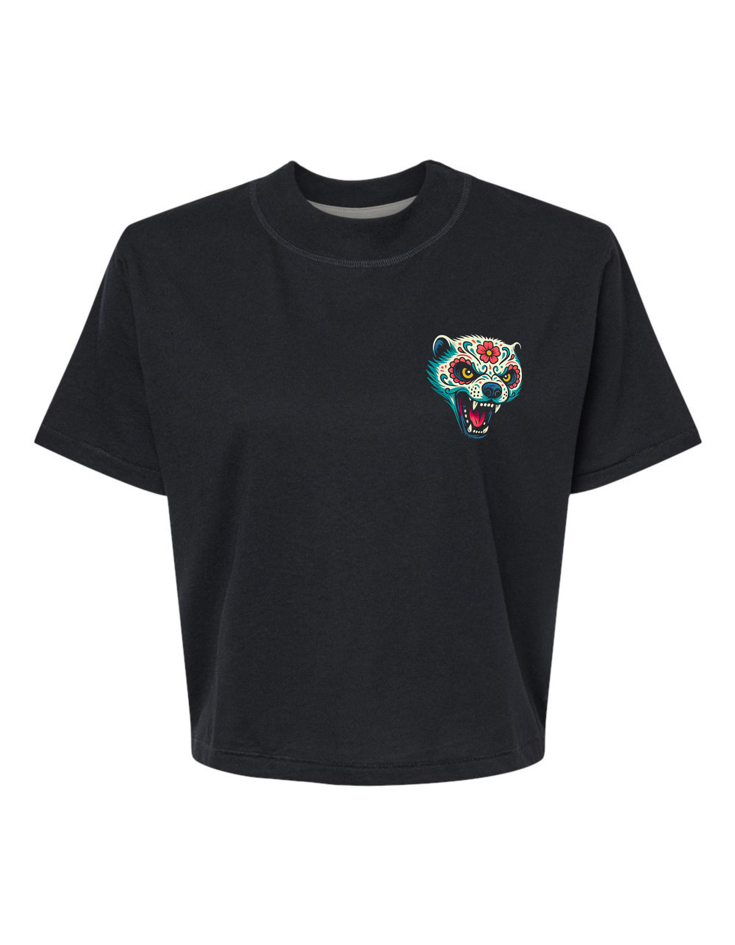 Black t-shirt with a colorful panther design on a white background