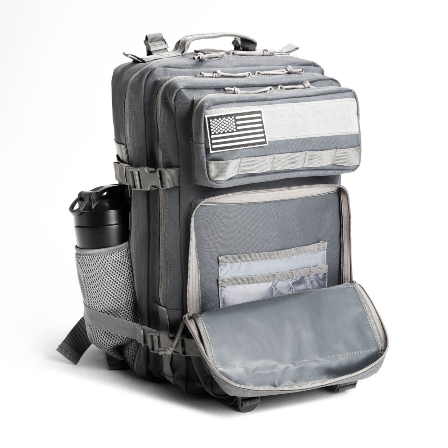 Gray backpack with American flag patch on a white background