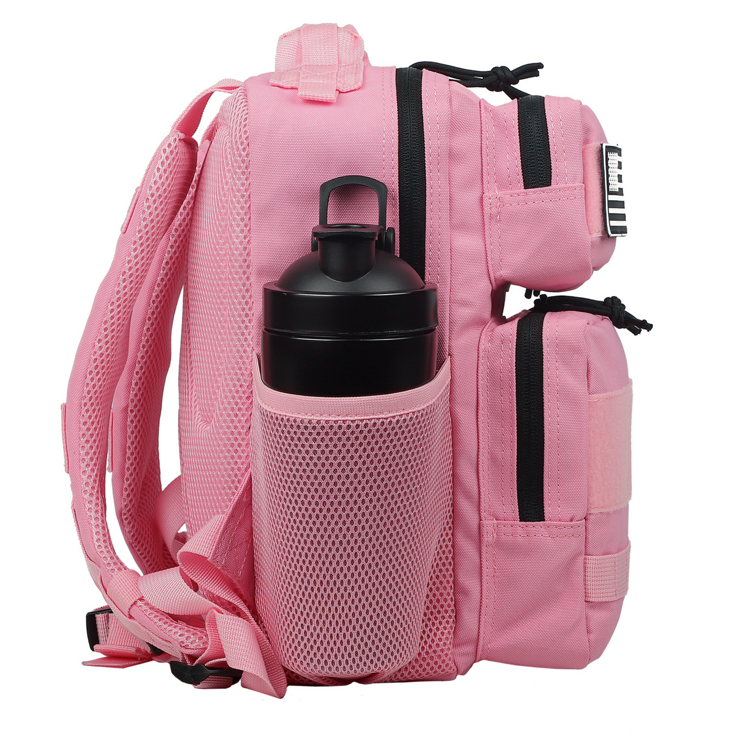 Pink backpack with a black water bottle in a pocket on a white background