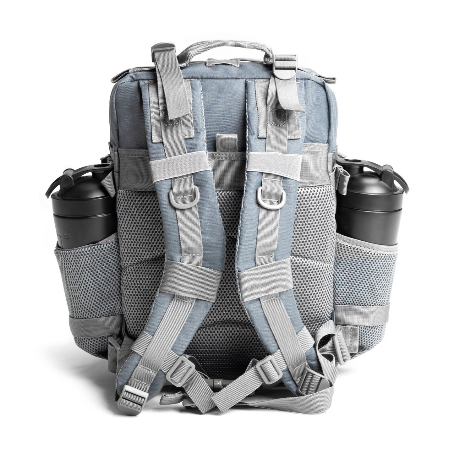 Gray backpack with multiple straps and two black water bottles on a white background