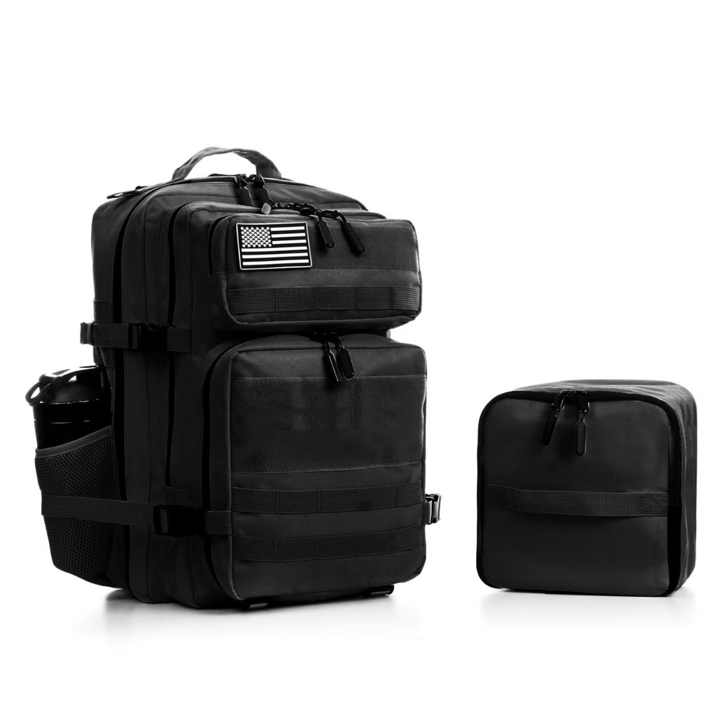 Black tactical backpack with a smaller black pouch on a white background