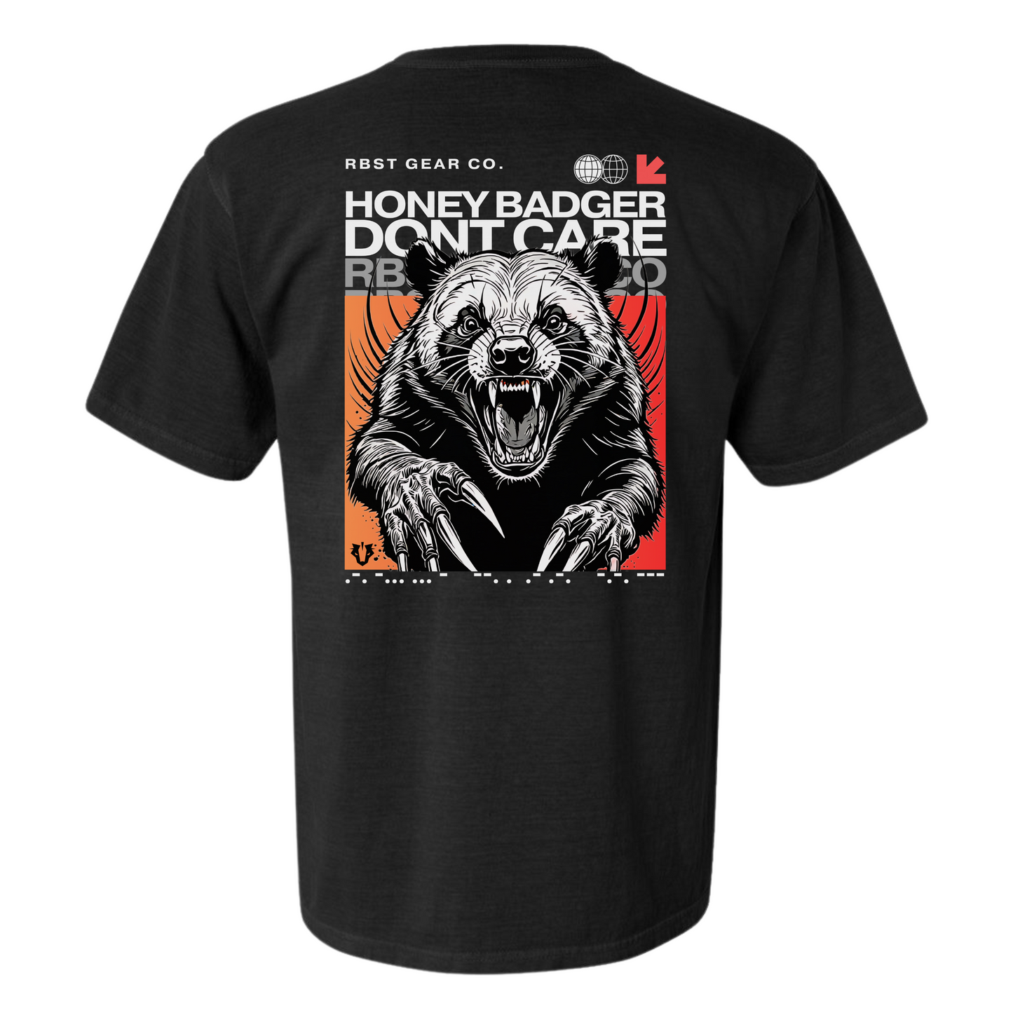 Men's black t-shirt with a graphic print of a honey badger on the front, accompanied by the text 'HONEY BADGER DON'T CARE RB'.