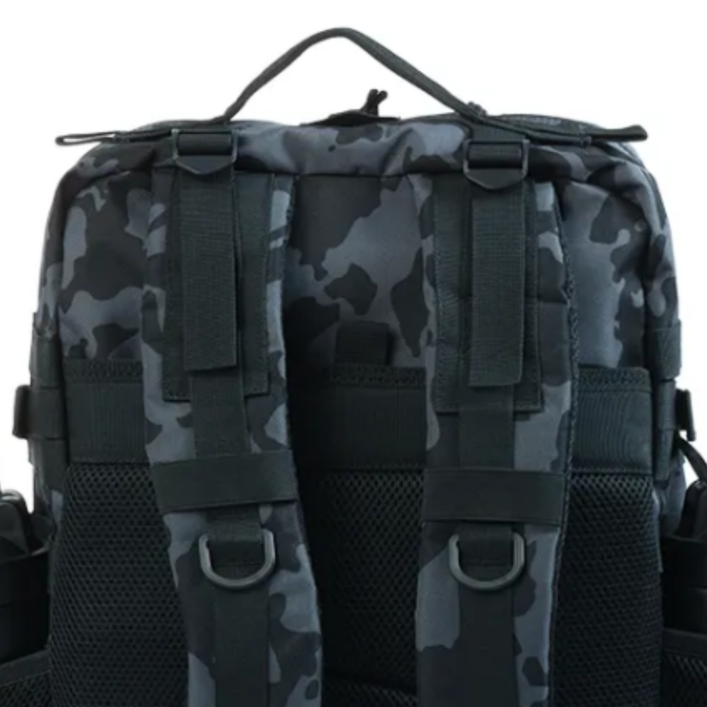 Back view of the tactical backpack, showcasing padded straps, breathable back panel, and adjustable features.