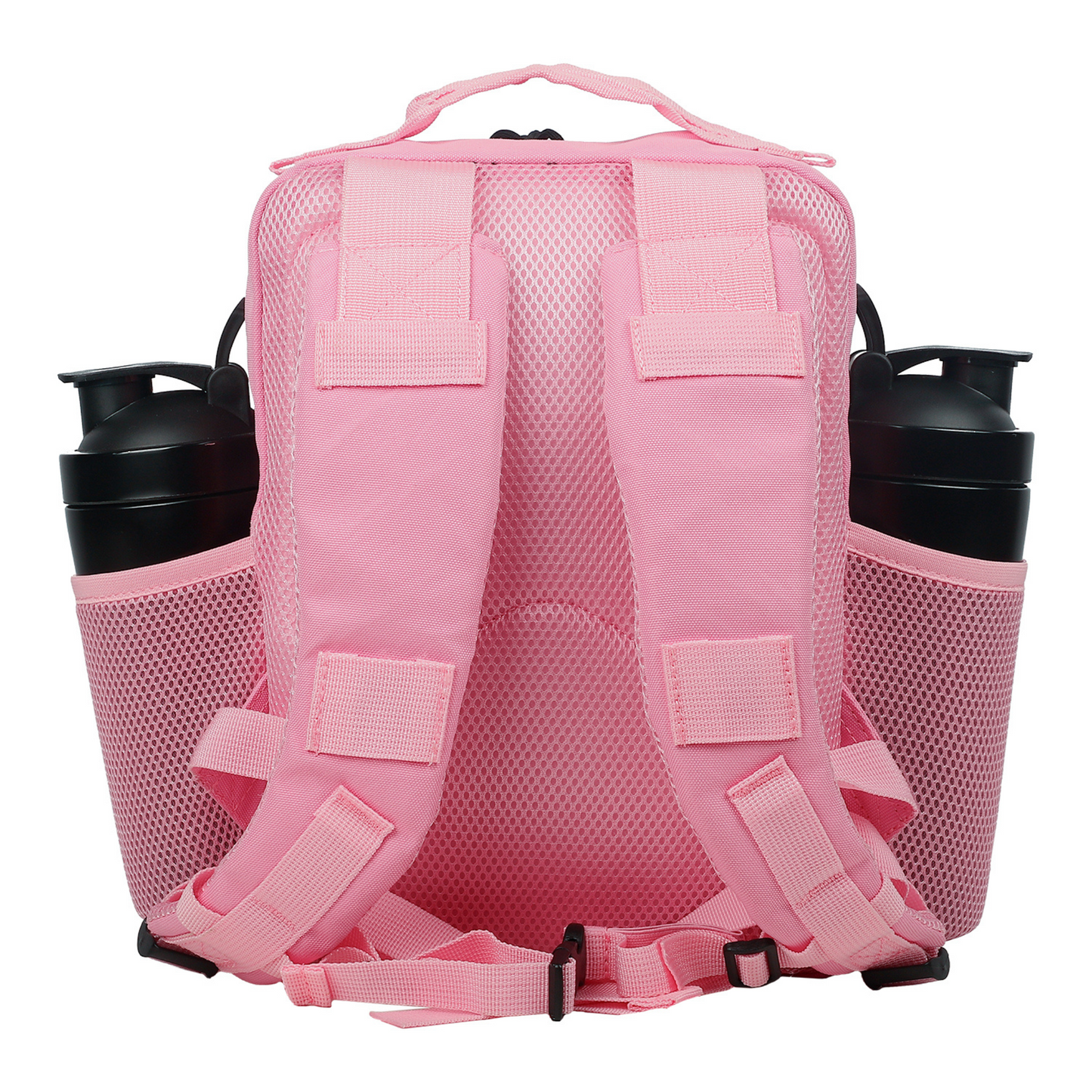 Pink backpack with water bottle holders on a white background
