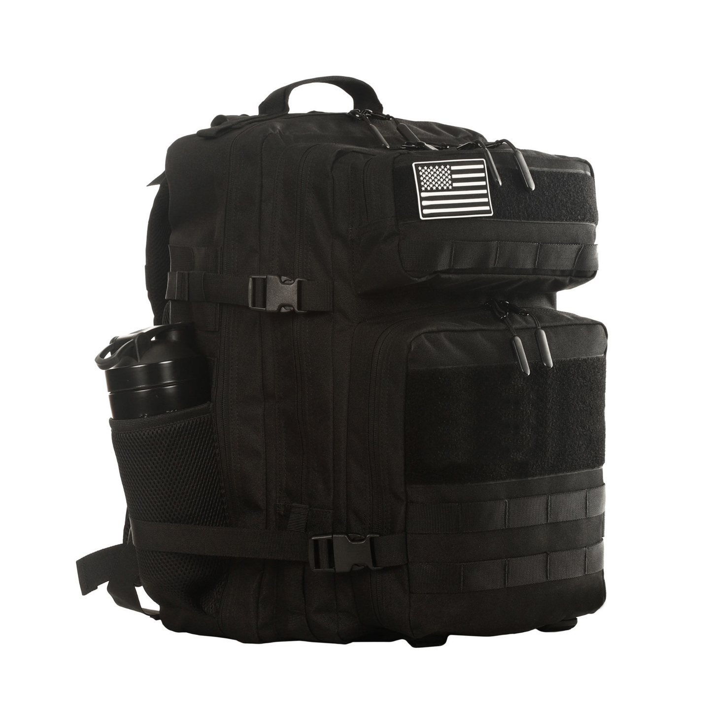 Black tactical backpack with American flag patch on a white background