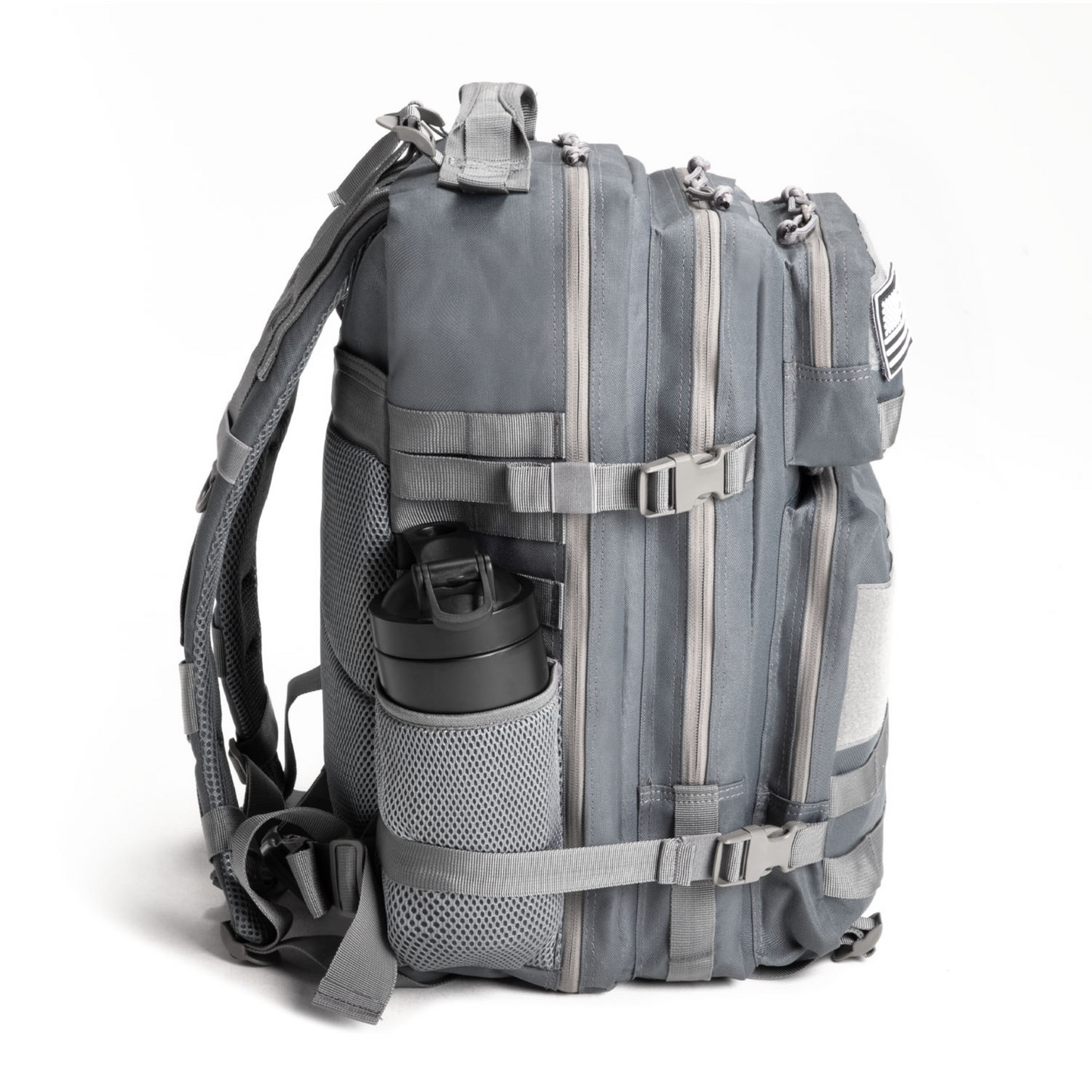 Gray backpack with multiple compartments and a water bottle holder on a white background