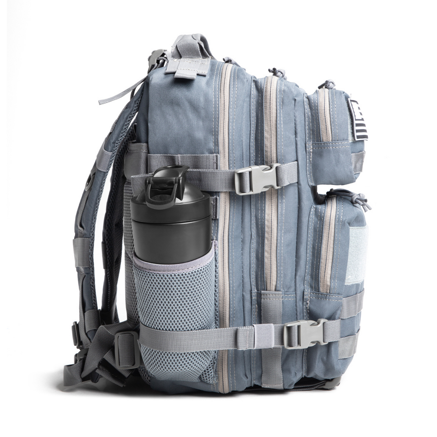 Blue and gray backpack with a water bottle holder on a white background