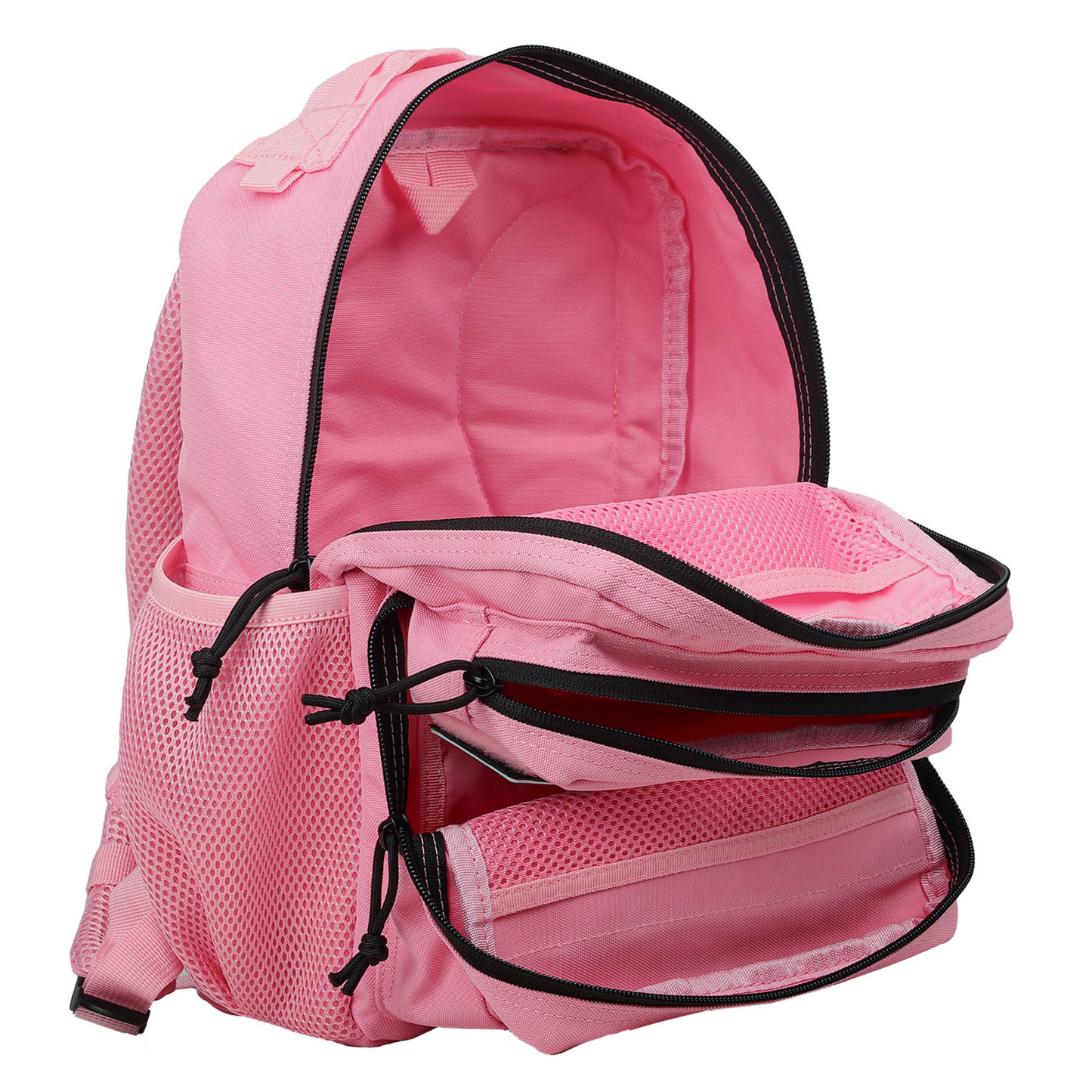 Pink backpack with black zippers on a white background