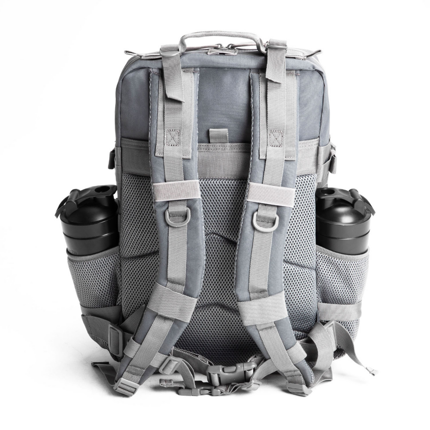 Gray backpack with multiple straps and cup holders on a white background