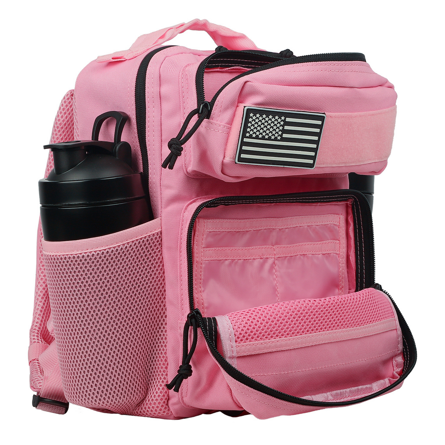 Pink backpack with American flag patch and water bottle holder on a white background