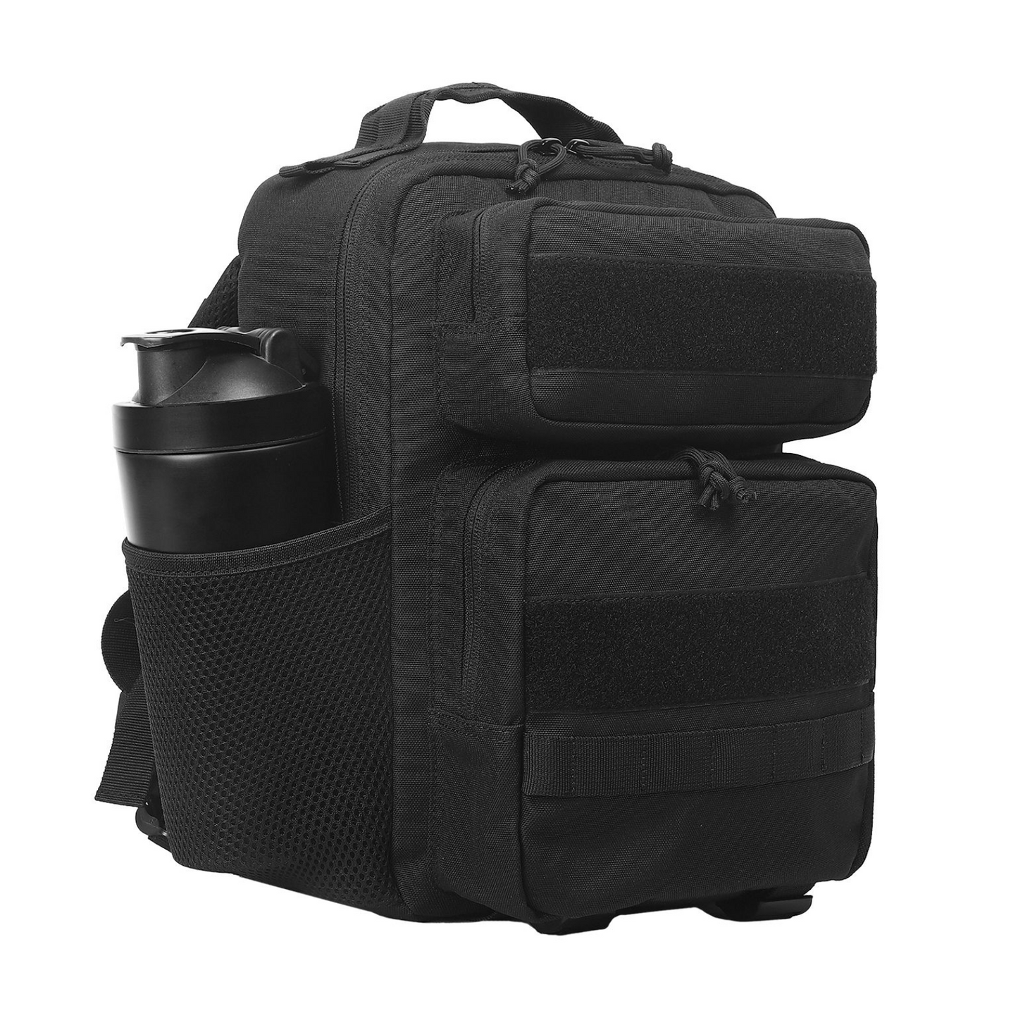 Tactical backpack shown from a different angle, emphasizing its ergonomic design and various compartments.