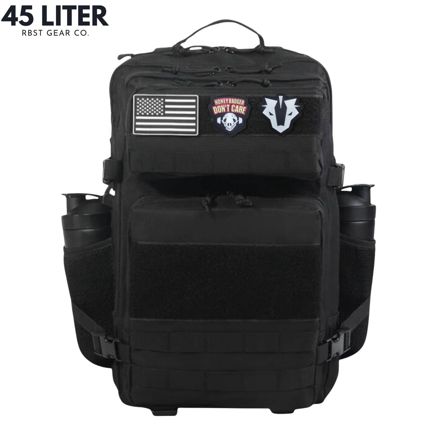 Black tactical backpack with patches on a white background, featuring '45 Liter' and 'RBST GEAR CO.' text.