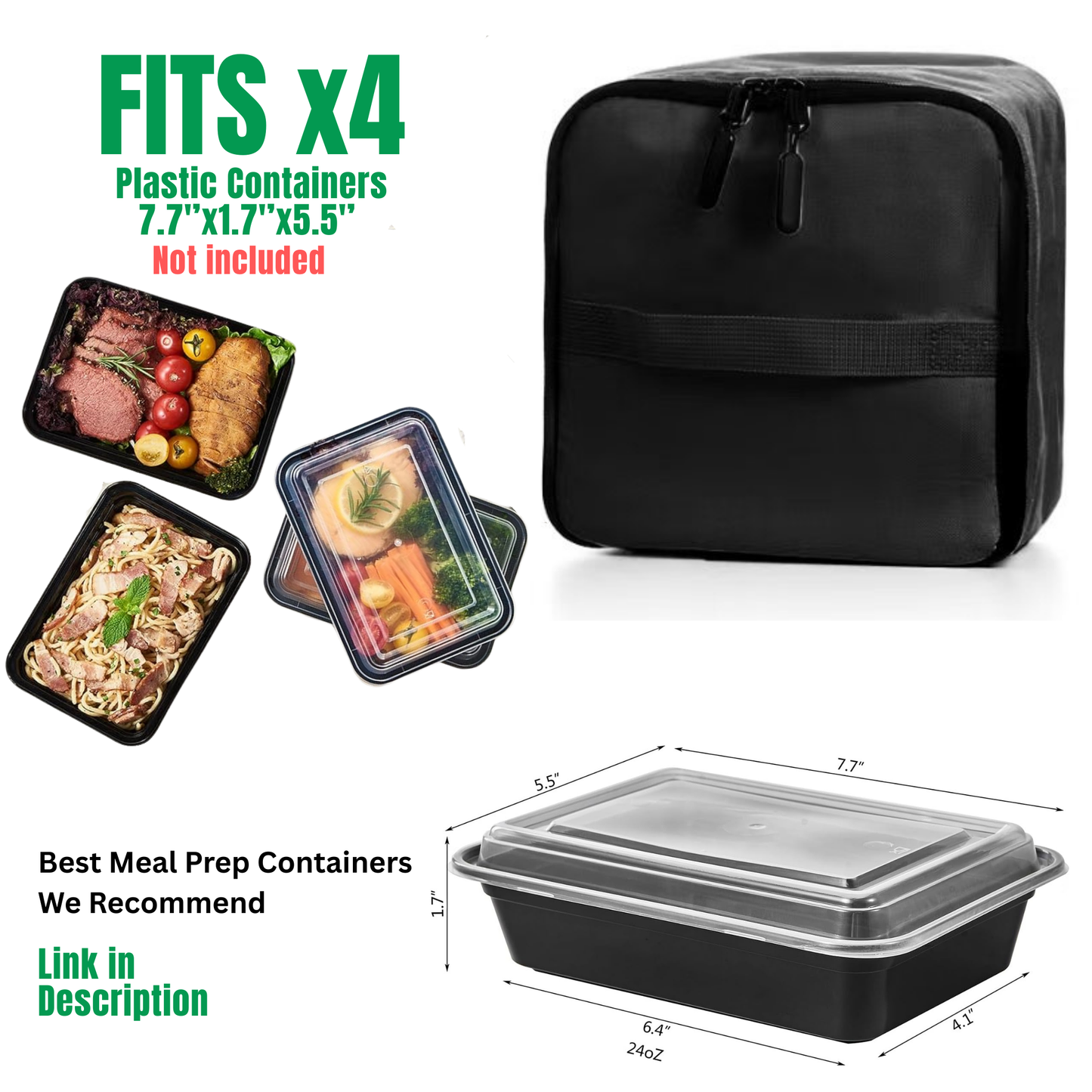Black insulated bag with food containers and measurements on a white background