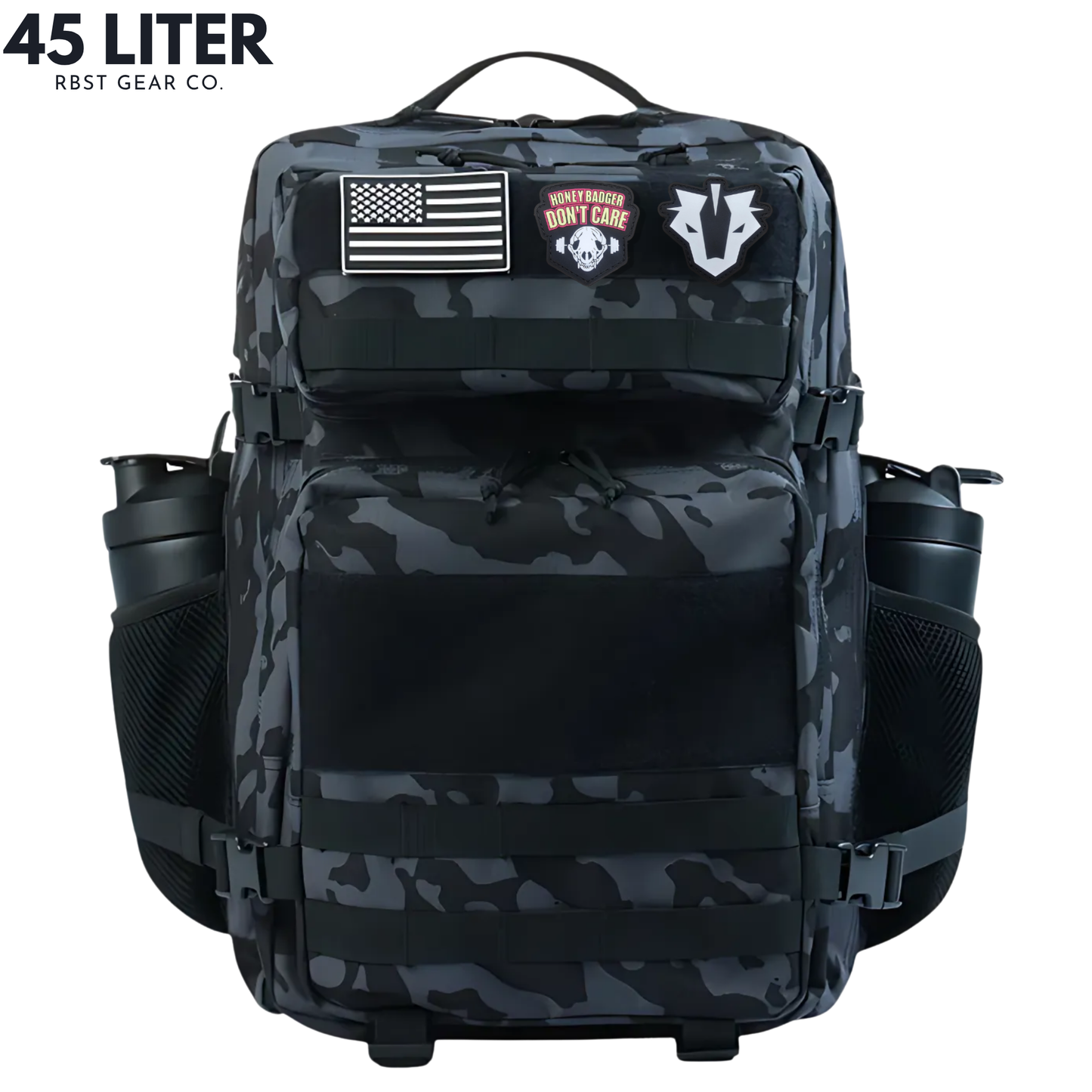 Camouflage backpack with patches on a white background, featuring '45 Liter' and 'RBST GEAR CO.' text.