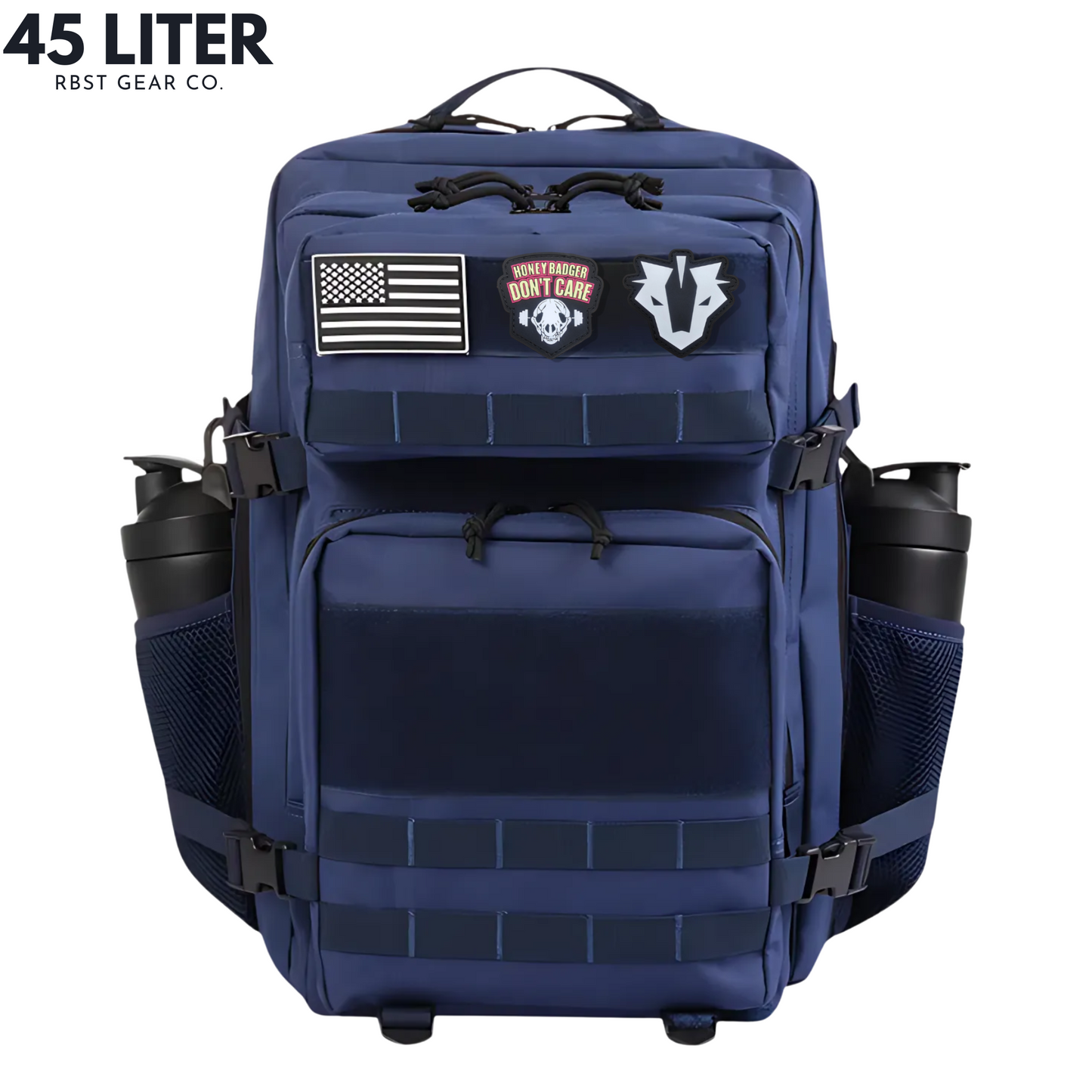 blue backpack with patches on a white background, featuring 'The Hive 45 Liter' branding.
