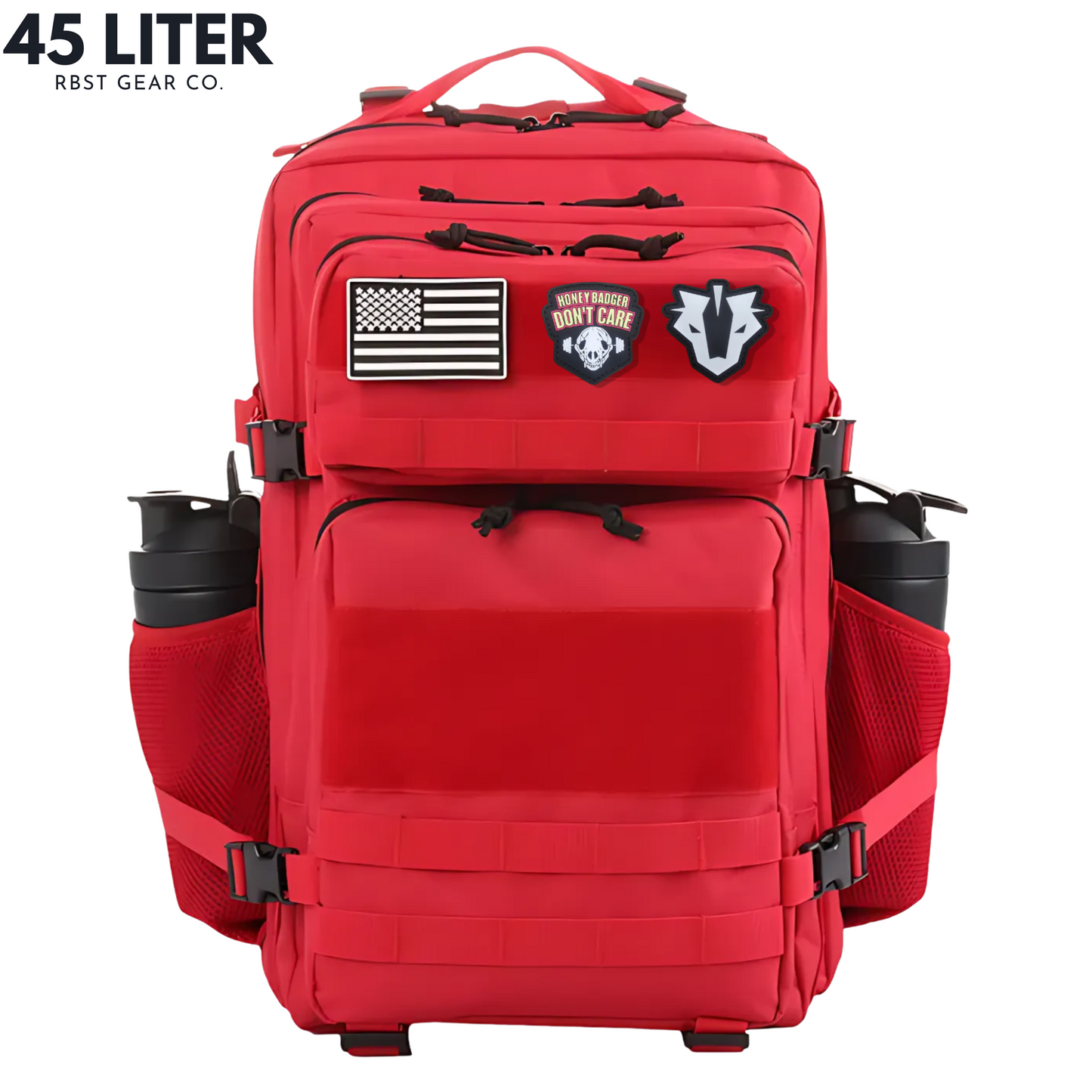 Red backpack with patches on a white background, featuring '45 Liter' and 'RBST GEAR CO.' text.