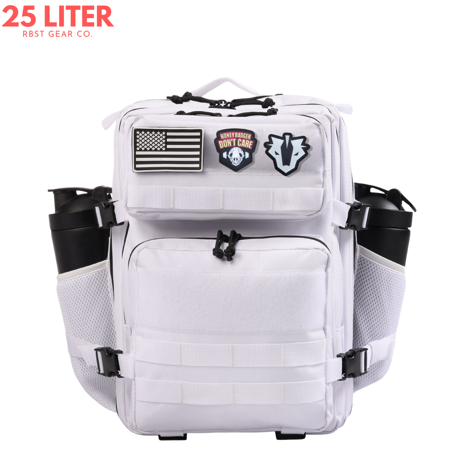White backpack with patches on a white background, featuring 'The Hive 25 Liter' text.