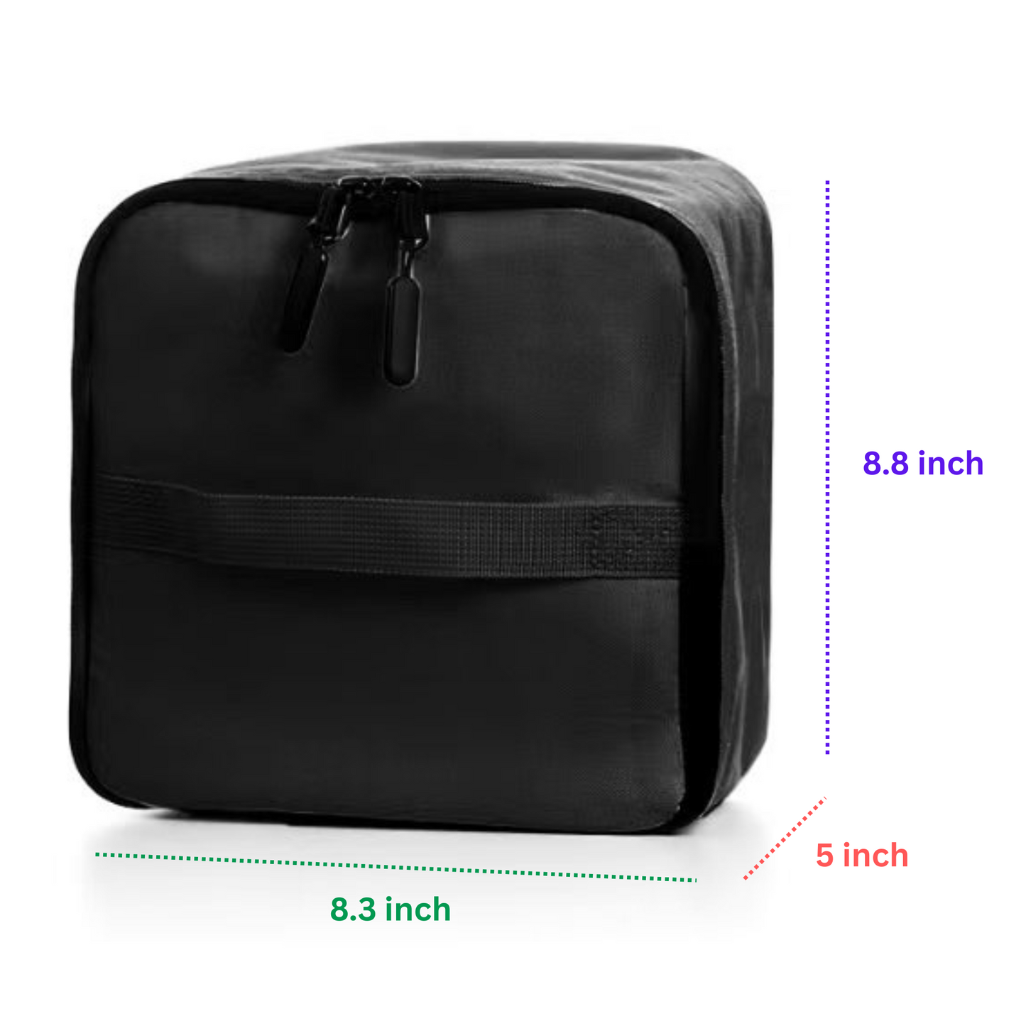 Black toiletry bag with dimensions indicated on a white background