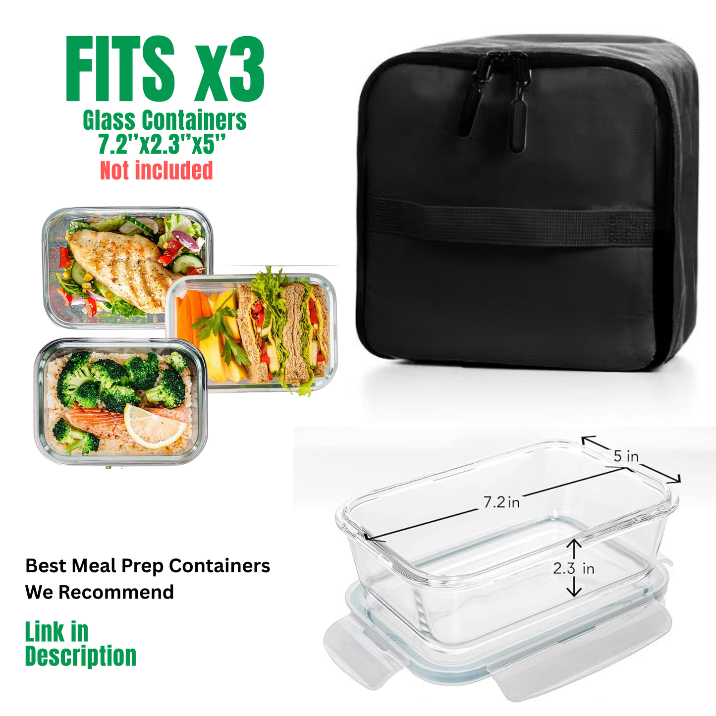 Black travel bag with glass meal prep containers and food images on a white background