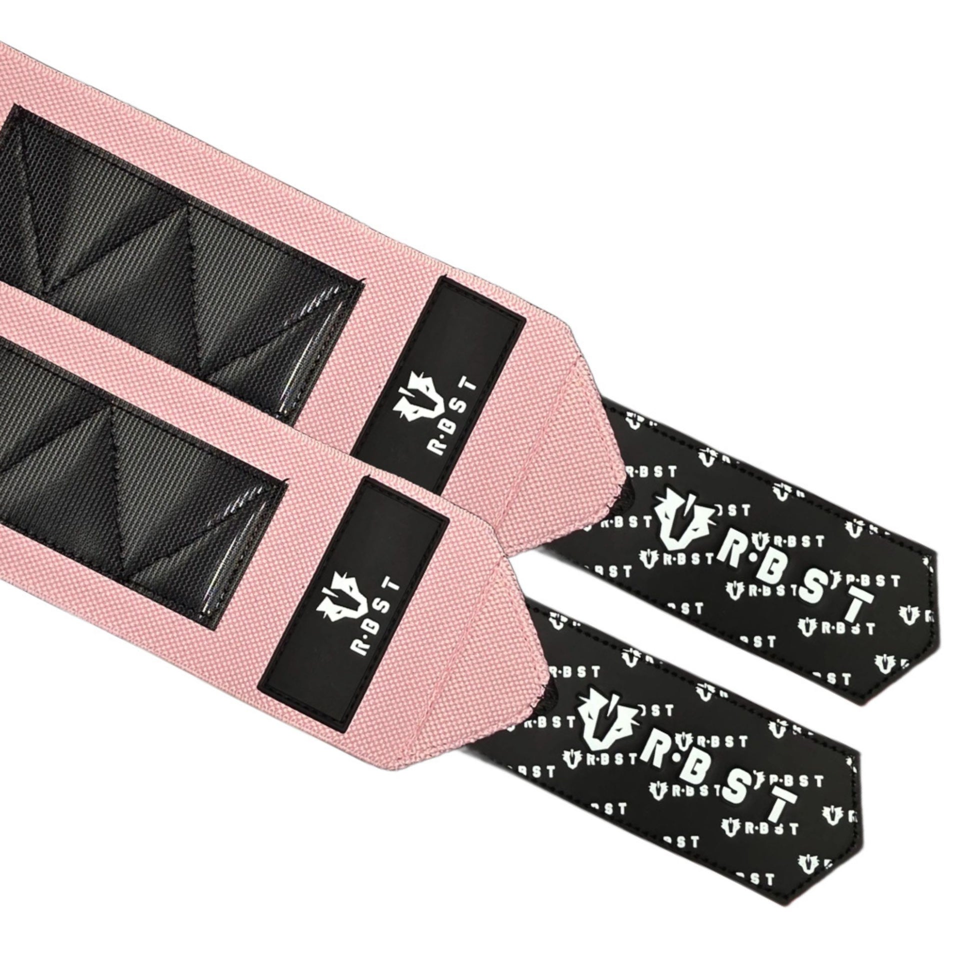 Pink and black wrist wraps with RBST branding on a white background