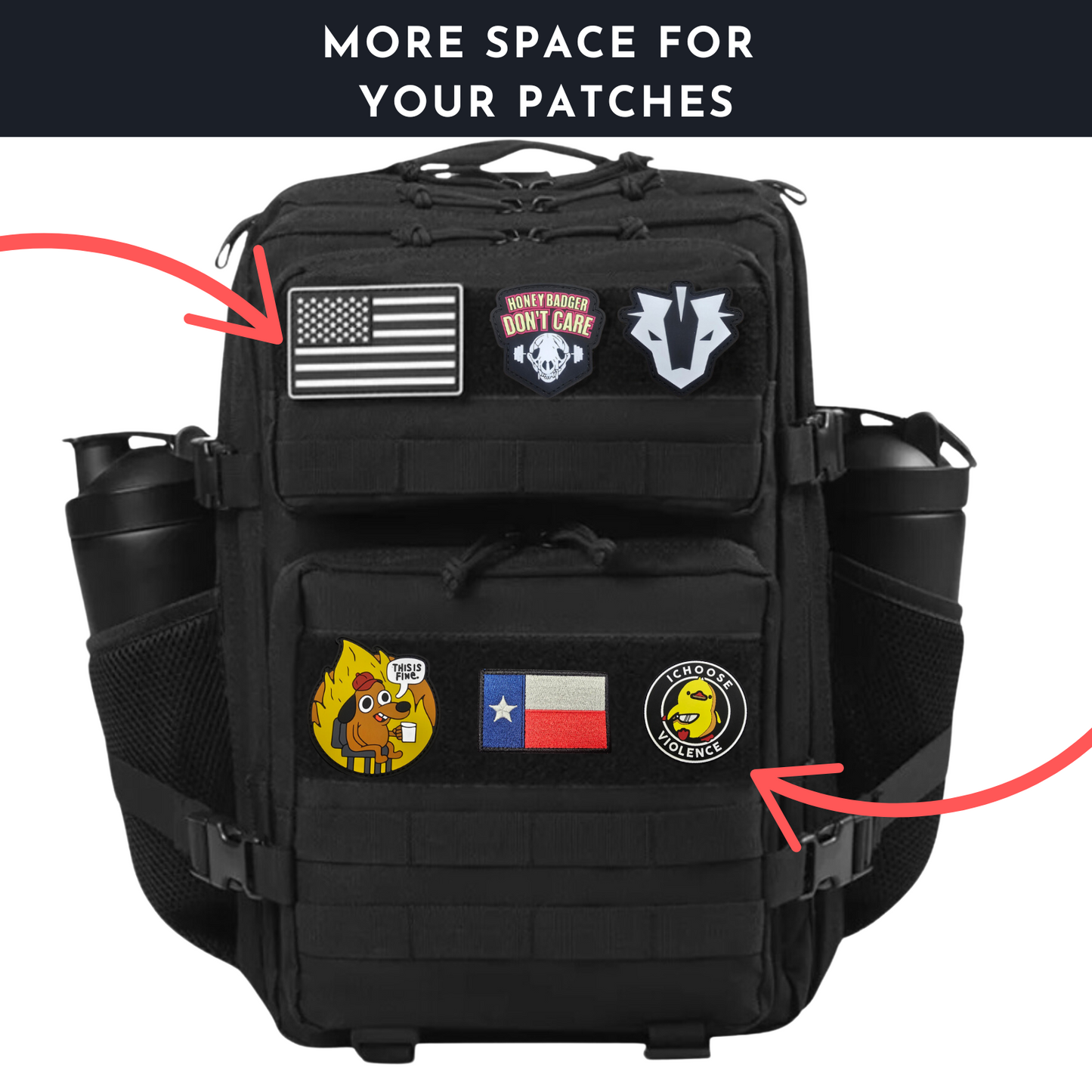 Close-up view of the tactical backpack's patch placement area, demonstrating where customizable patches can be attached.
