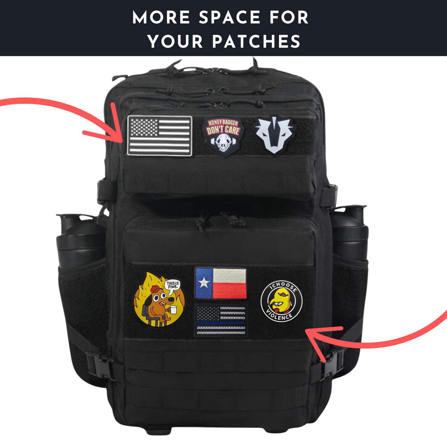 Close-up view of the tactical backpack's patch placement area, demonstrating where customizable patches can be attached.
