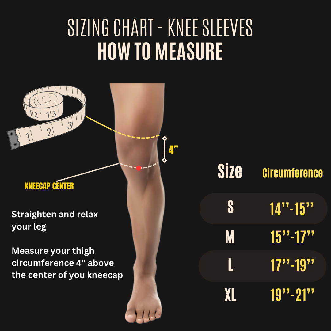 Size chart for knee sleeves, providing measurements and sizing options to help customers select the best fit.
