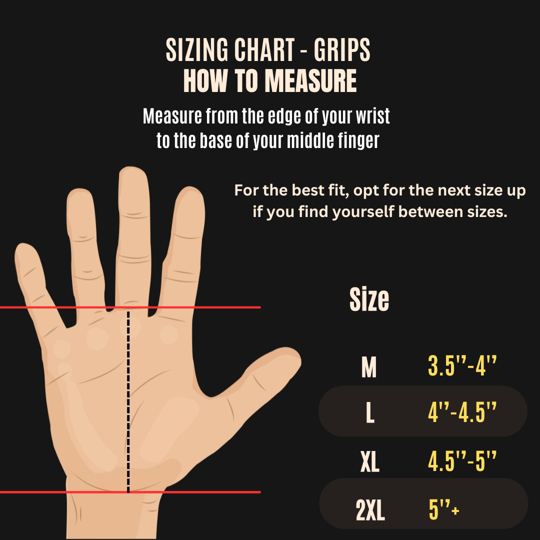 Size chart for CrossFit pullup grips, providing detailed measurement guidelines for a perfect fit.