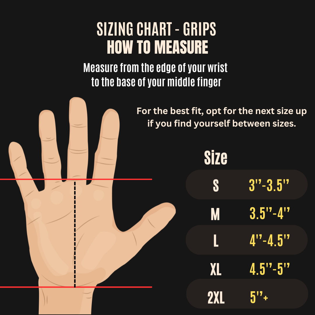 Size chart for CrossFit pullup grips, providing detailed measurement guidelines for a perfect fit.