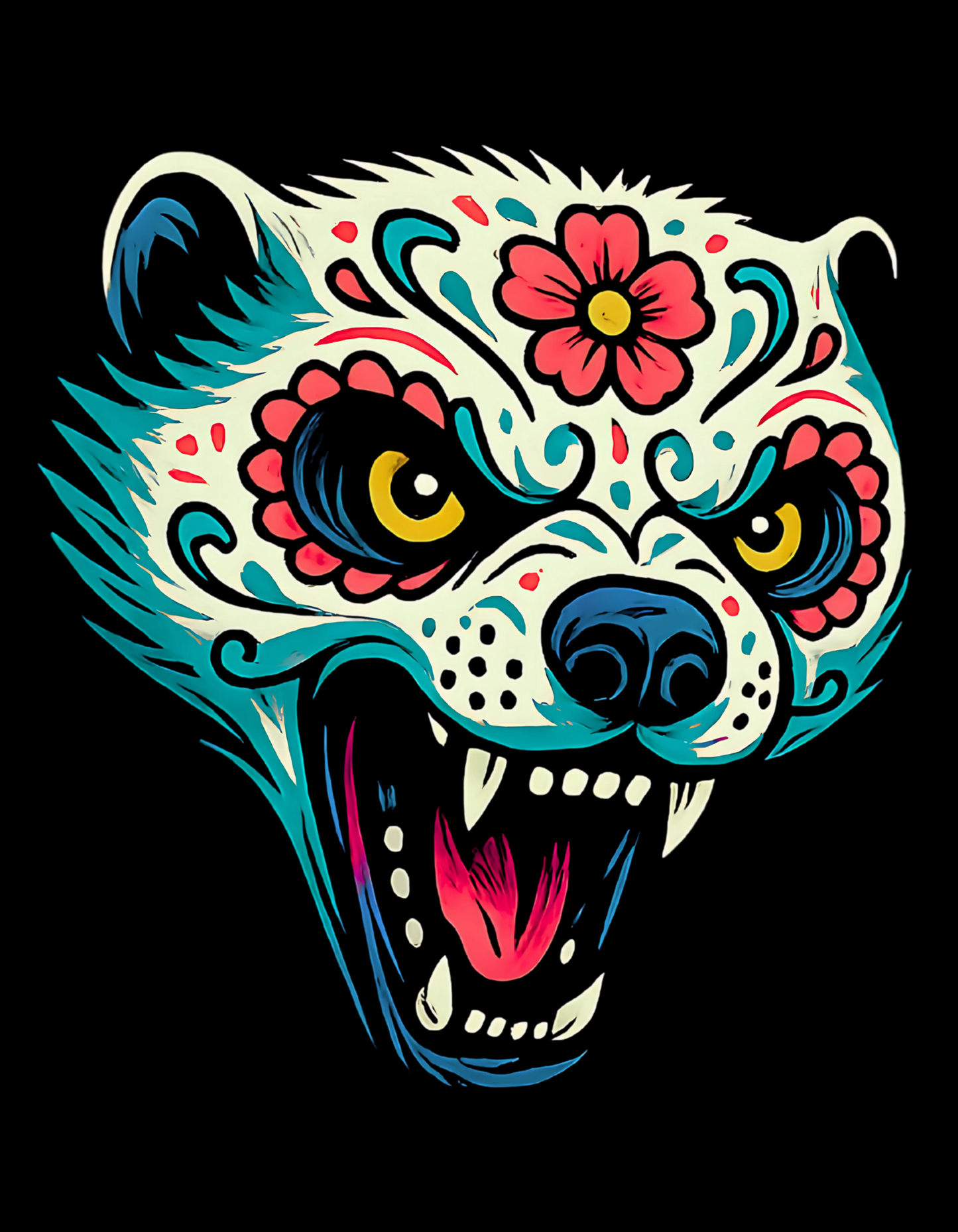 Colorful stylized honey badger with floral patterns on a black background