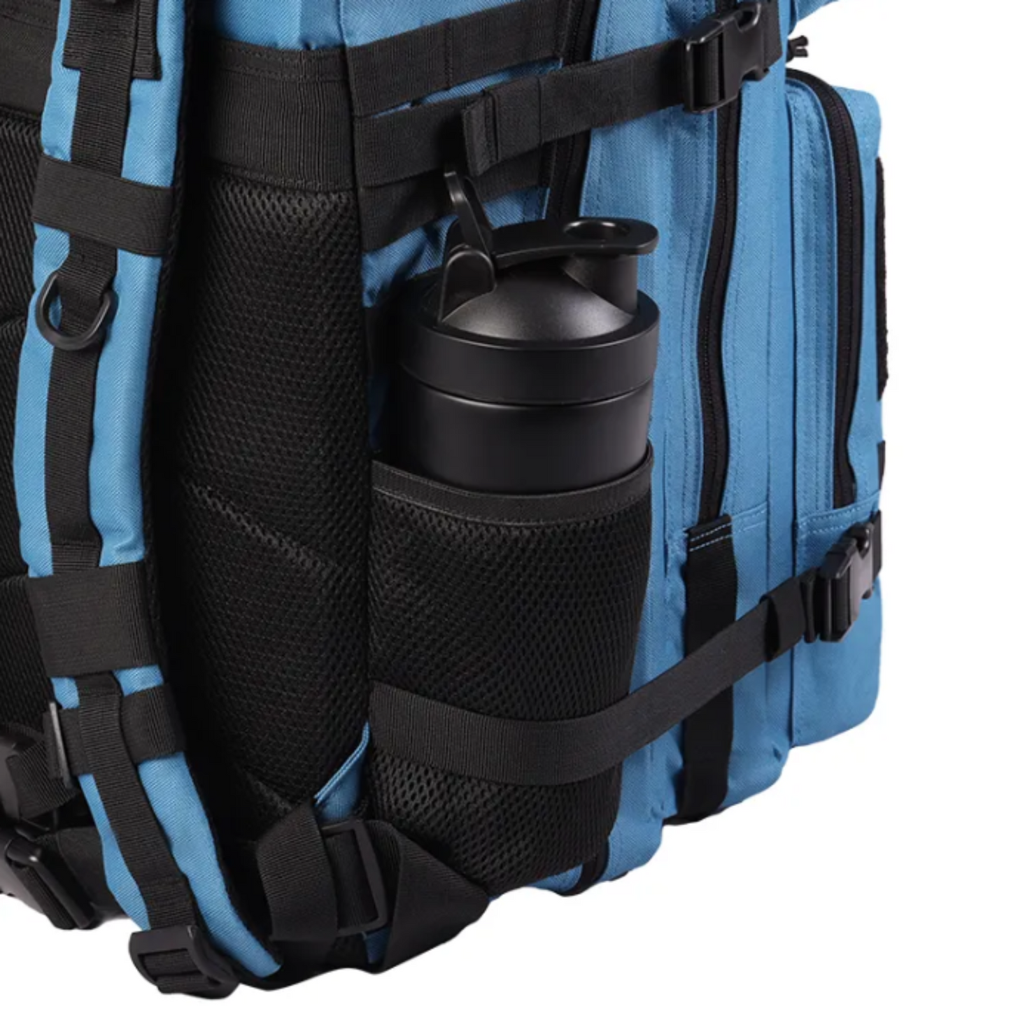 Tactical backpack shown from a different angle, emphasizing its ergonomic design and various compartments.