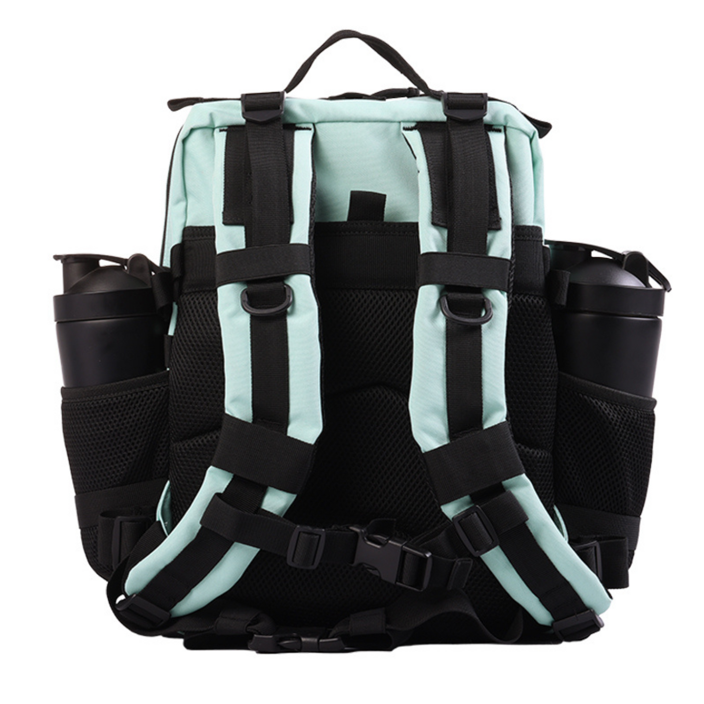 Back view of the tactical backpack, showcasing padded straps, breathable back panel, and adjustable features.