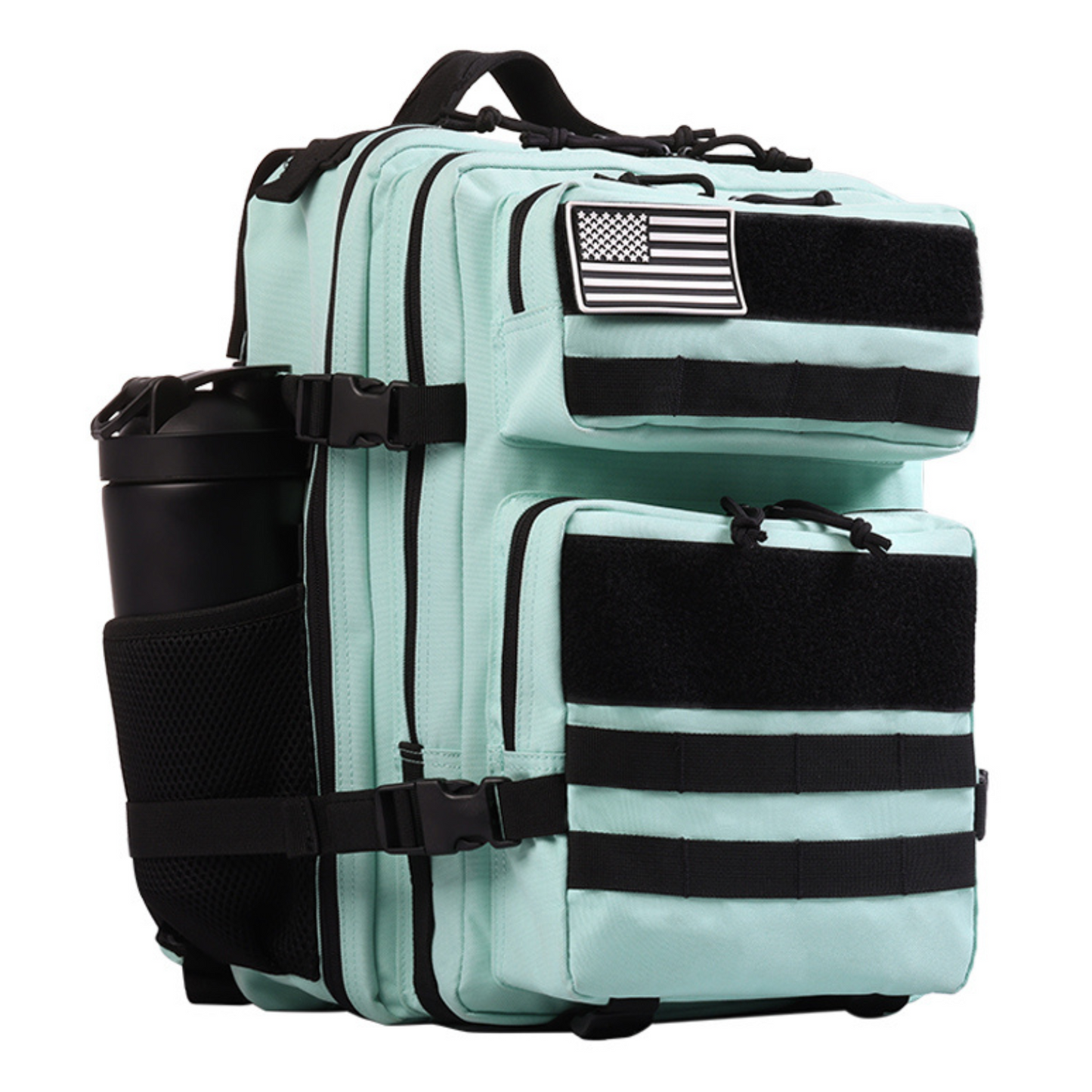 Tactical backpack shown from a different angle, emphasizing its ergonomic design and various compartments.