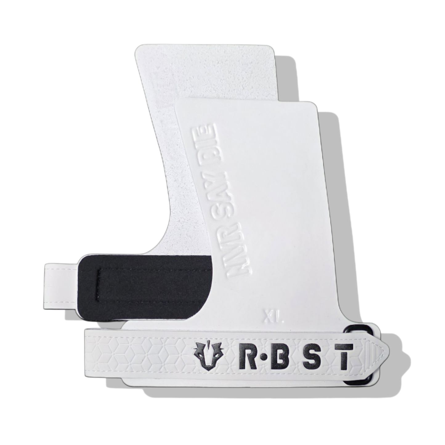 white silicone crossfit grips with never say die logo made by rbst gear co and the honey badger dont care