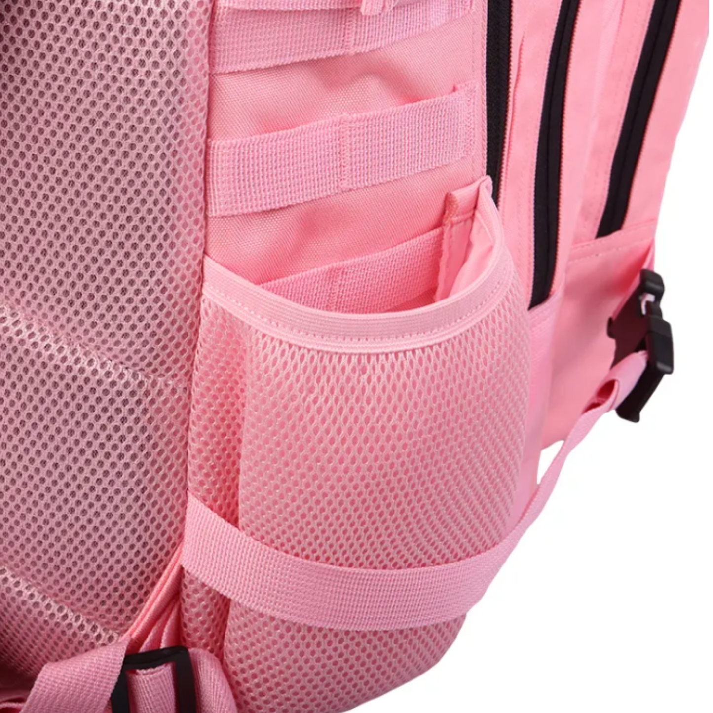 Tactical backpack shown from a different angle, emphasizing its ergonomic design and various compartments.