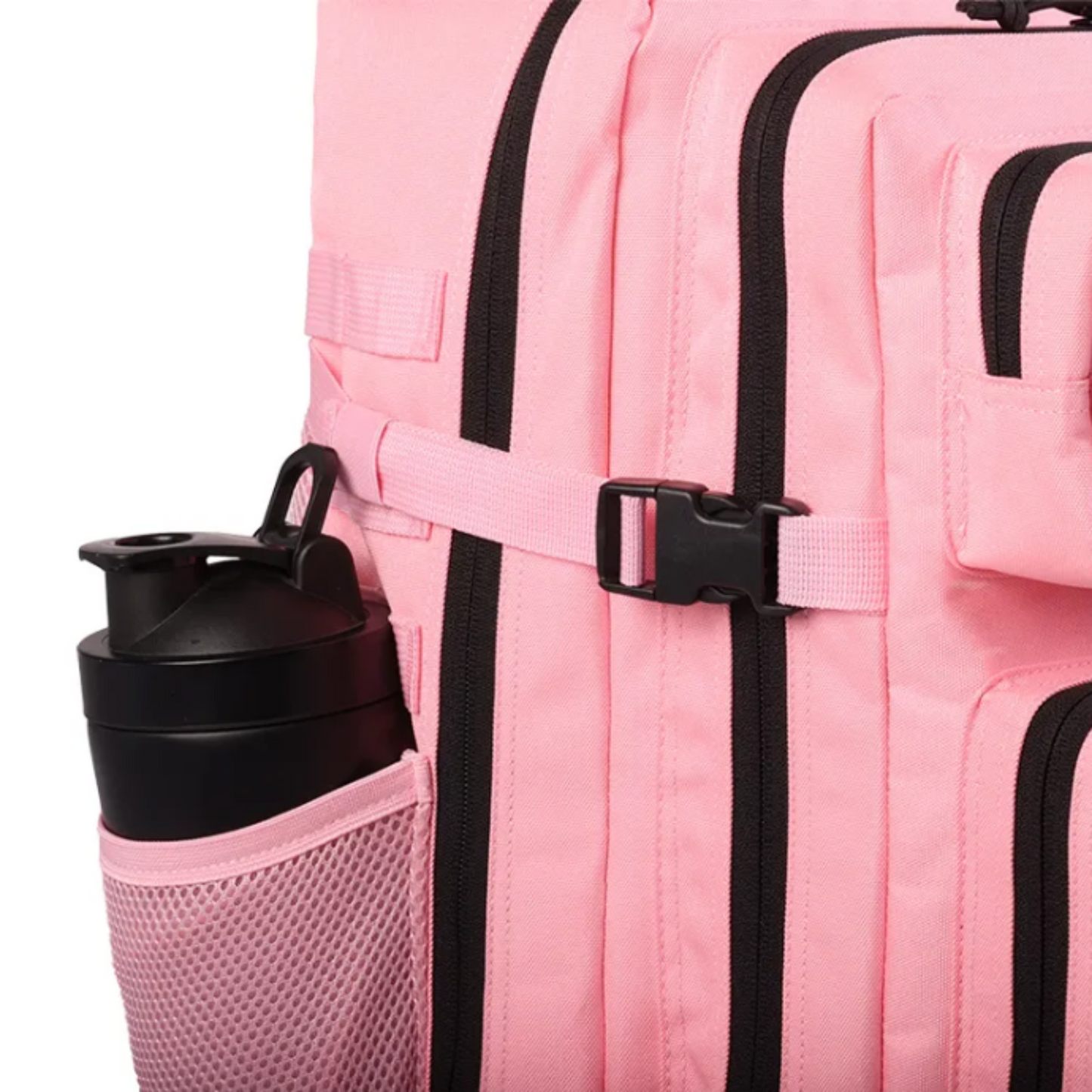 Tactical backpack shown from a different angle, emphasizing its ergonomic design and various compartments.