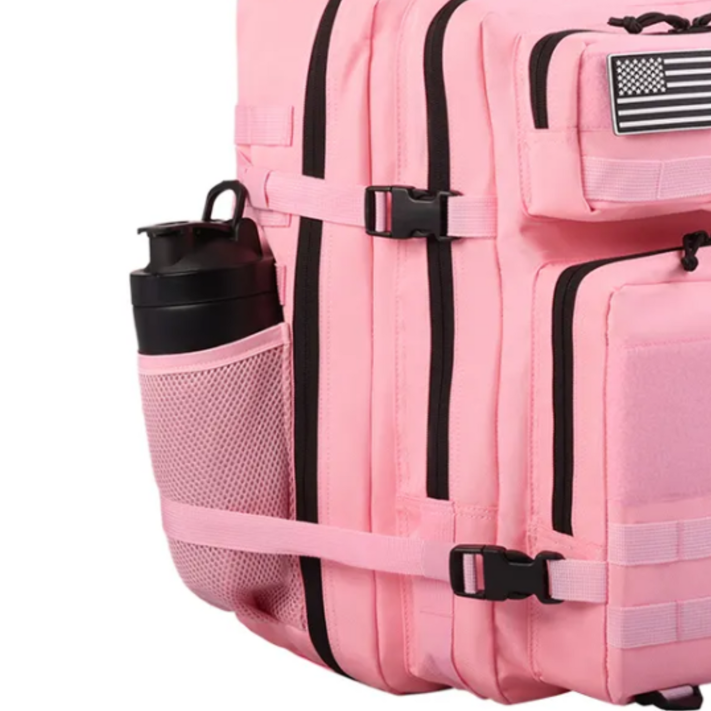 lose-up view of the tactical backpack's patch placement area, demonstrating where customizable patches can be attached.
