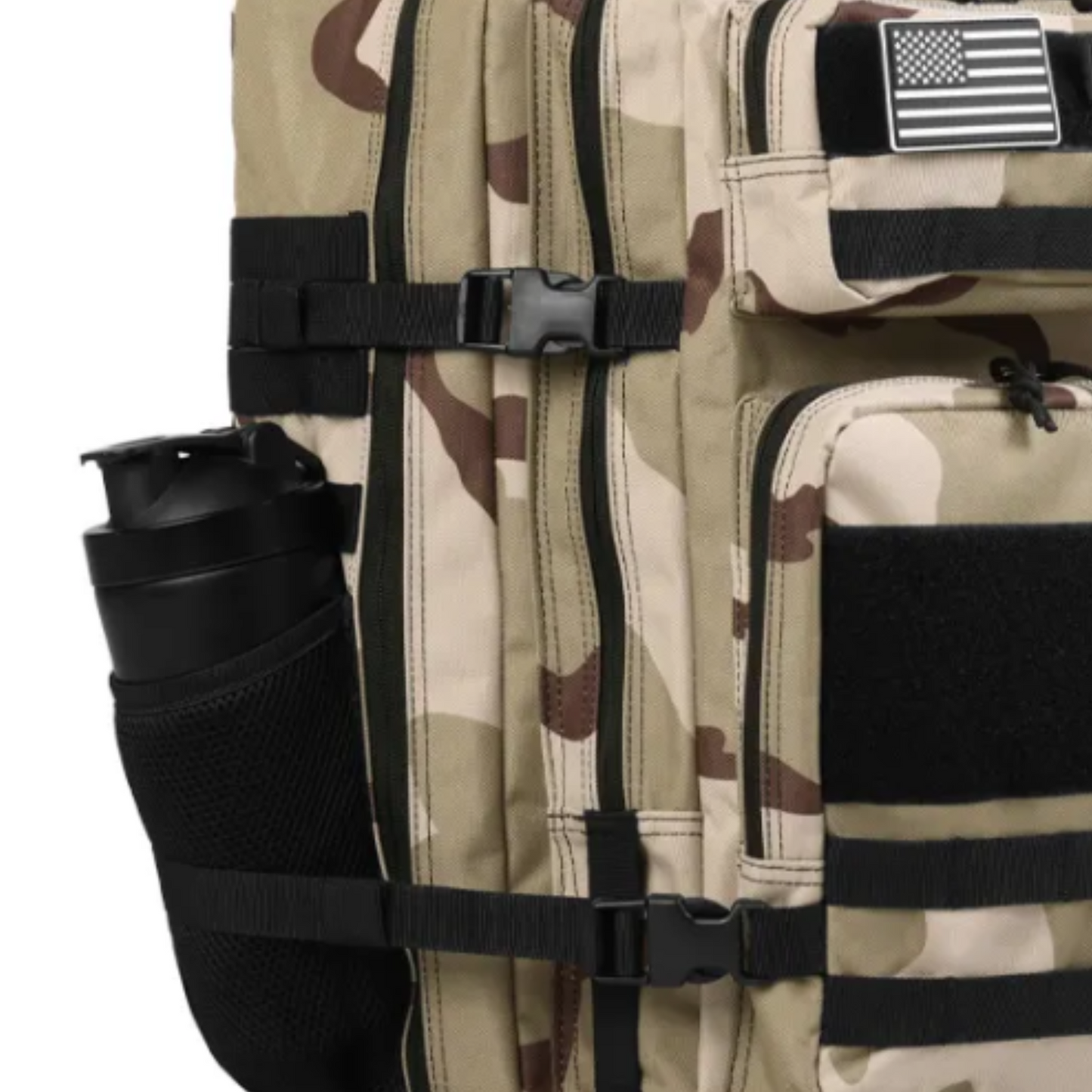 Tactical backpack shown from a different angle, emphasizing its ergonomic design and various compartments.