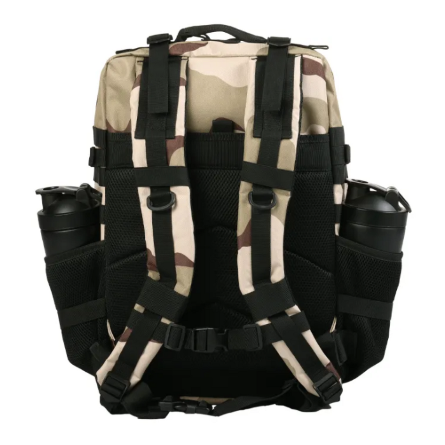 Tactical backpack shown from a different angle, emphasizing its ergonomic design and various compartments.