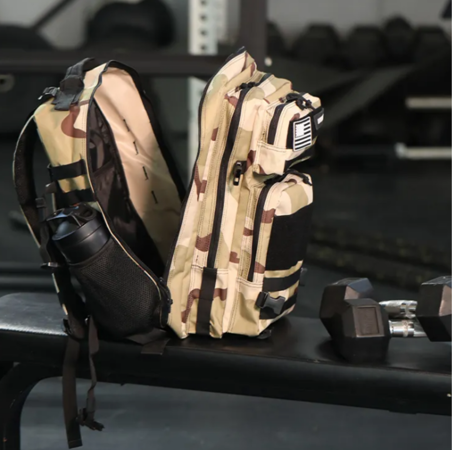 Back view of the tactical backpack, showcasing padded straps, breathable back panel, and adjustable features.