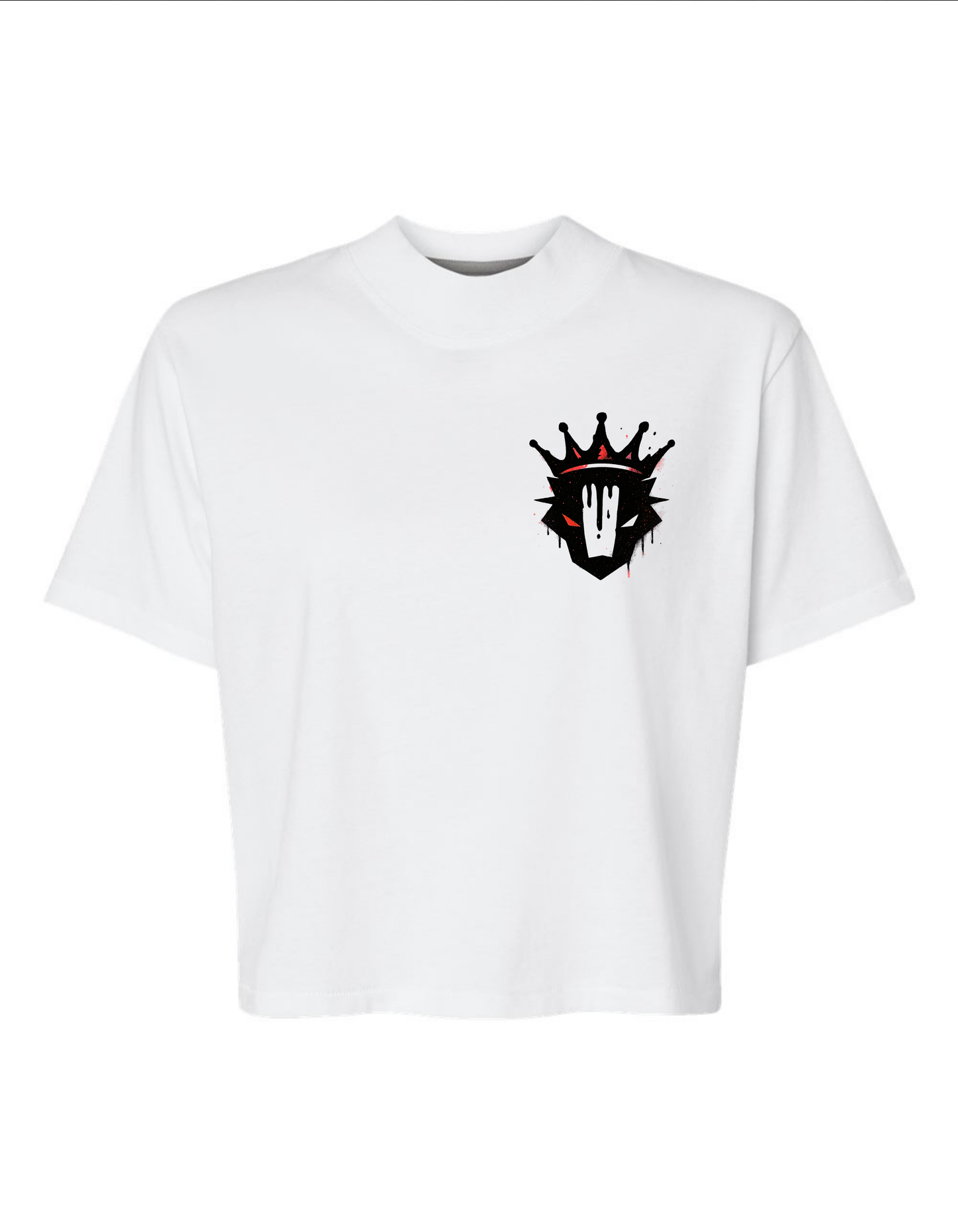White t-shirt with a black and red graphic design on a white background