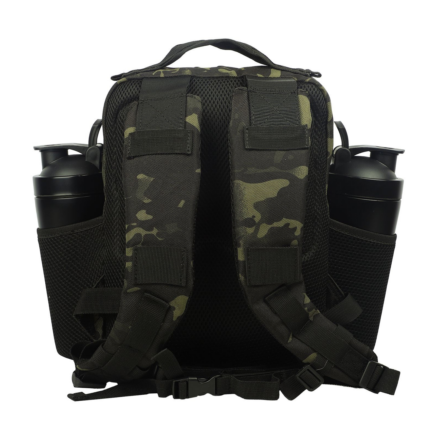 Tactical backpack shown from a different angle, emphasizing its ergonomic design and various compartments.