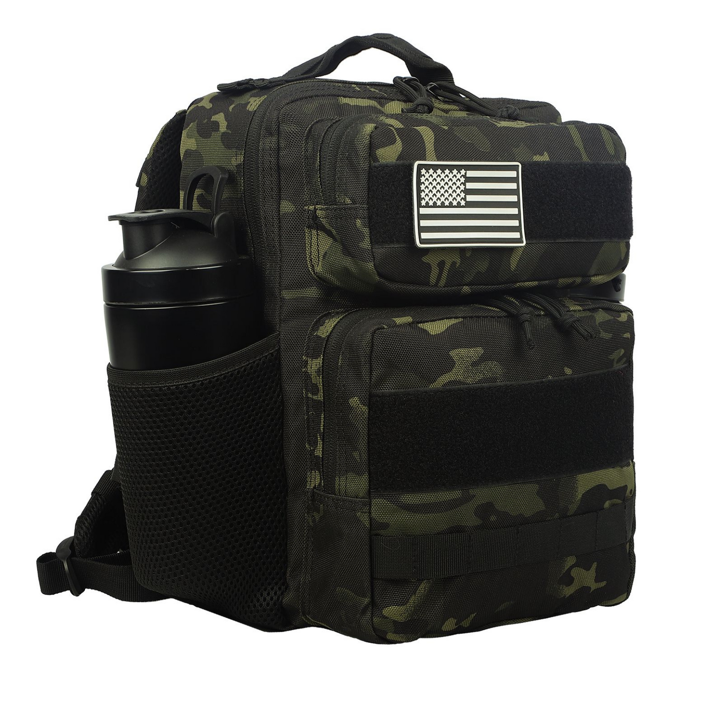 Tactical backpack shown from a different angle, emphasizing its ergonomic design and various compartments.