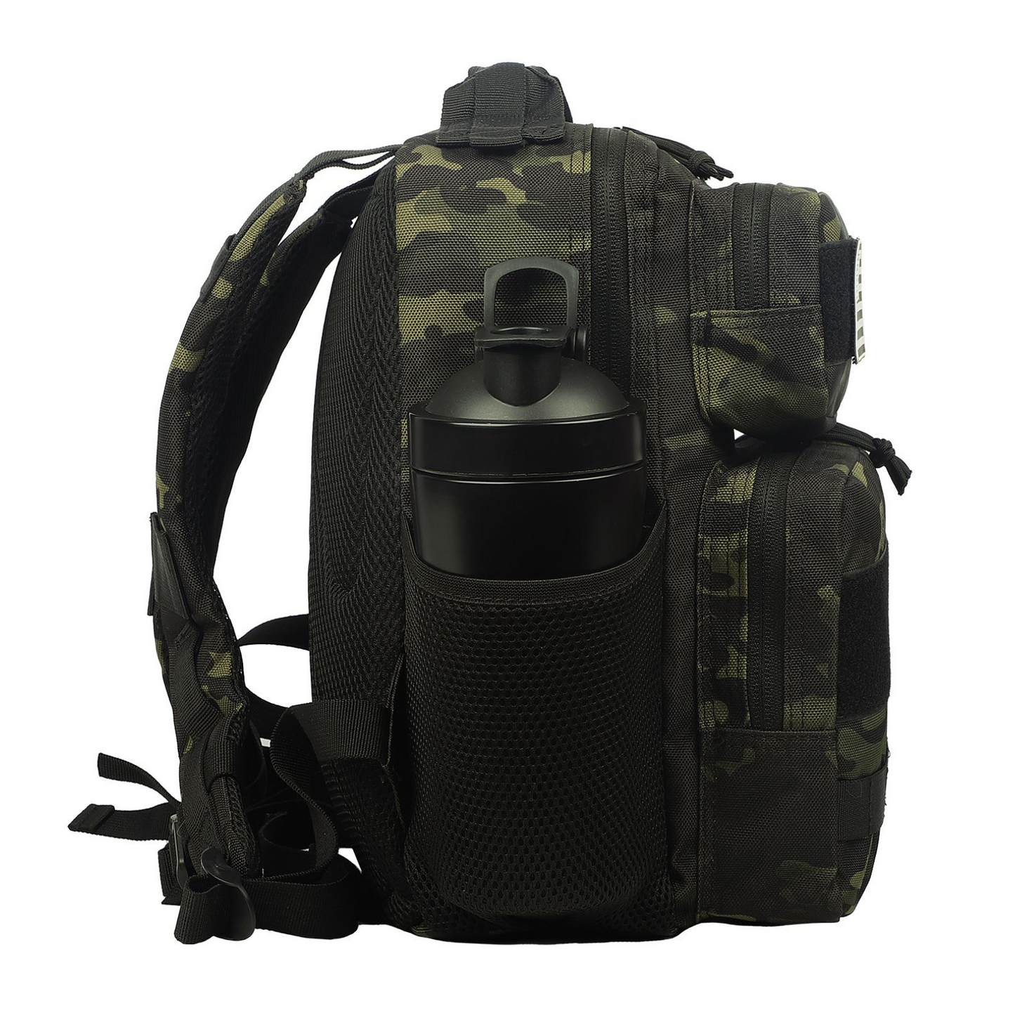 Tactical backpack shown from a different angle, emphasizing its ergonomic design and various compartments.