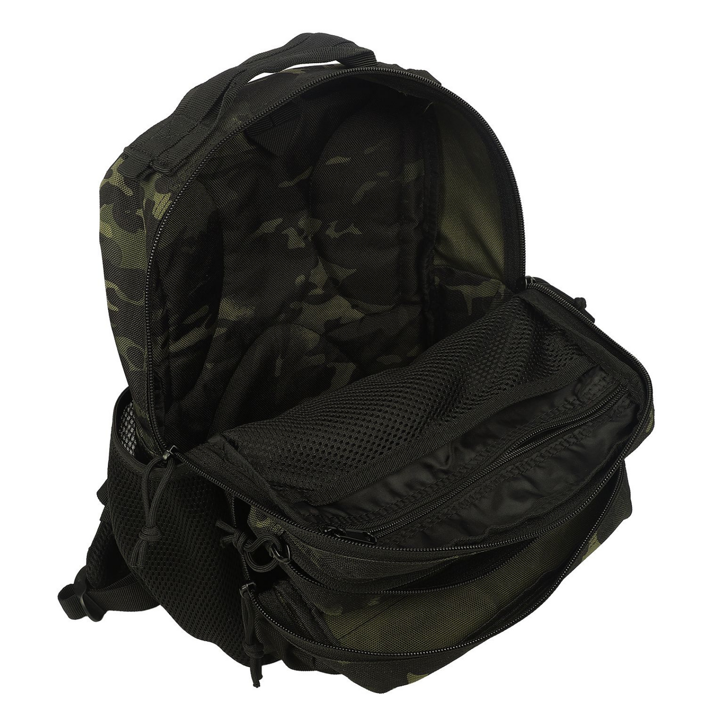 Tactical backpack shown from a different angle, emphasizing its ergonomic design and various compartments.